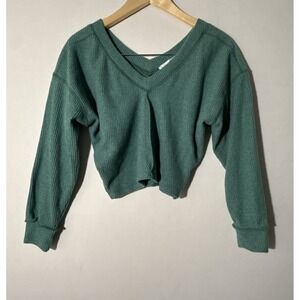 Lush Women's Crop Top Knit  Ribbed V Neck‎ Long Sleeve Green Small